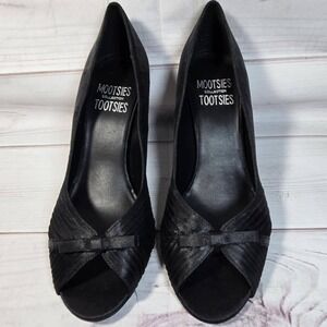Mootsies Tootsies Black Peep Toe Heels Satin Bow - Womens Size 6.5‎ M